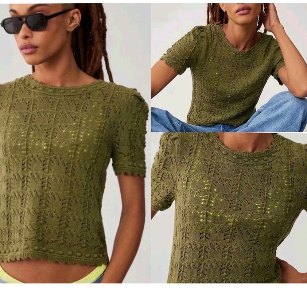 Anthropologie Pointelle Sweater Shirt Olive Green Size Extra Small XS Cotton Ble
